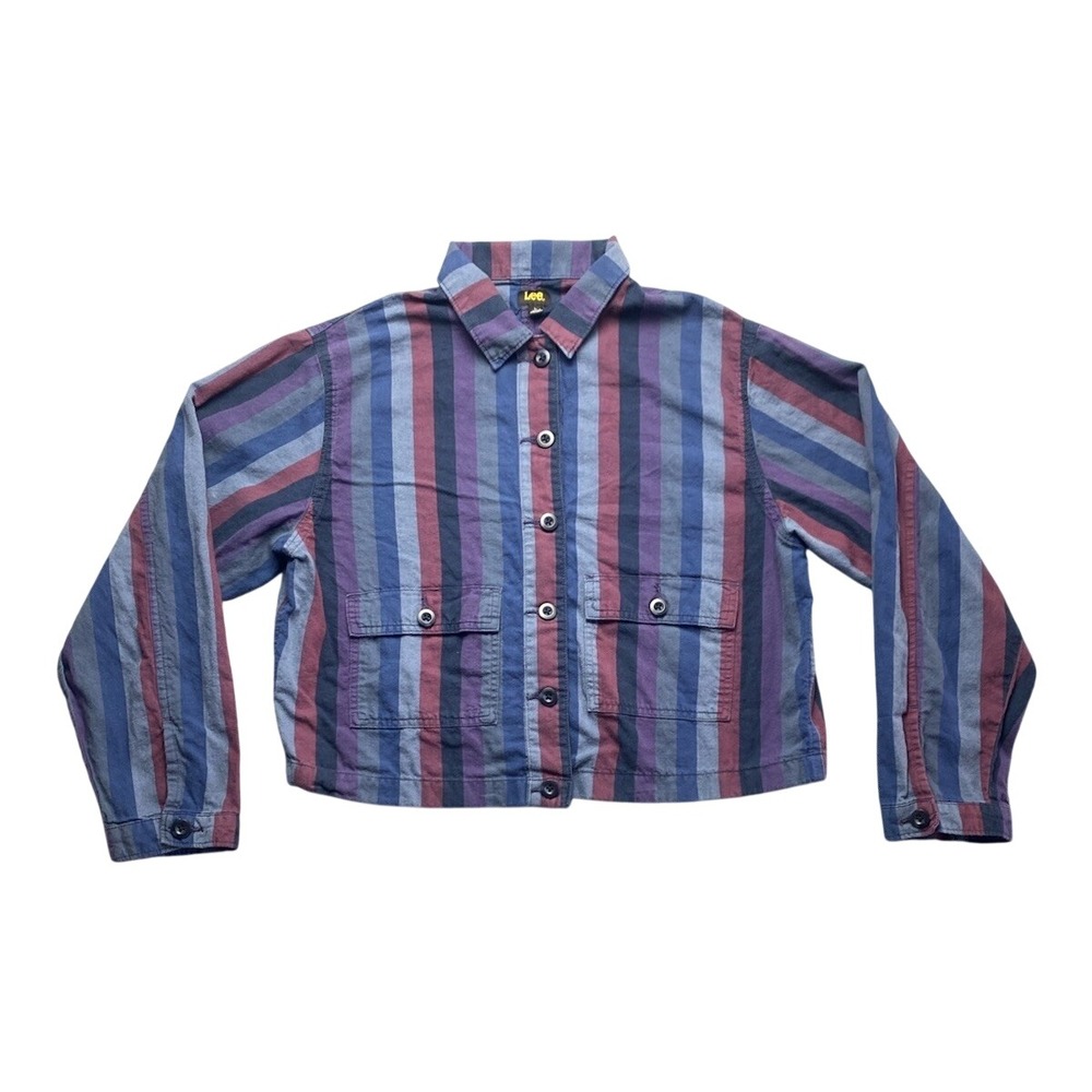 Lee Women's Long Sleeve Button Down Semi-Crop Blue Purple Red Size Large